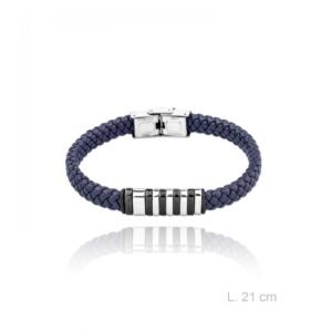 Pulsera Acero Cuero Trenzado Azul Rayas