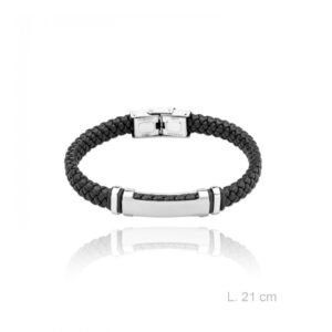 Pulsera Acero Cuero Trenzado Negra Placa