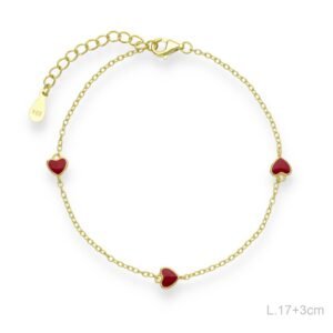 Pulsera dorada corazones esmalte rojo plata de ley